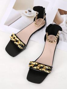 Chain Decor Ankle Strap Sandals - Black - View 3