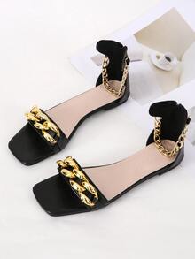 Chain Decor Ankle Strap Sandals - Black - View 4