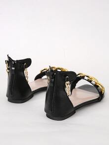 Chain Decor Ankle Strap Sandals - Black - View 5