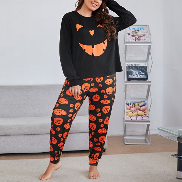 

Plus Pumpkin Print Tee And Pants Pajama Set, Multicolor