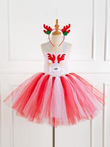 小女童聖誕麋鹿圖案網紗拼接Tutu連衣裙帶髮箍