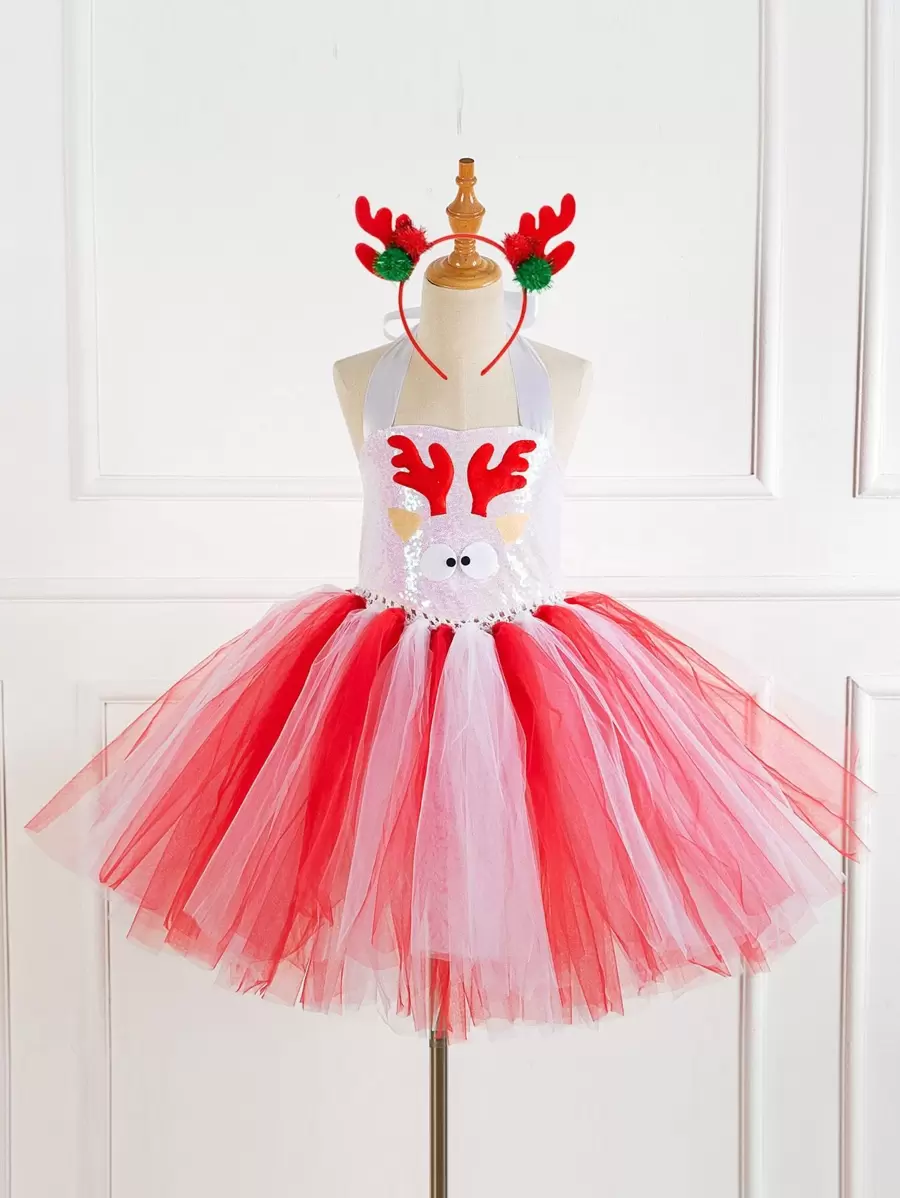 小女童聖誕麋鹿圖案網紗拼接Tutu連衣裙帶髮箍