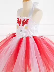 小女童聖誕麋鹿圖案網紗拼接Tutu連衣裙帶髮箍