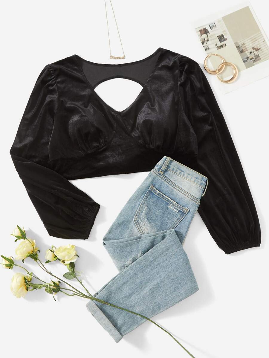 SHEIN Unity Camiseta con abertura con cordón trasero corto de terciopelo - Negro - Ver 1