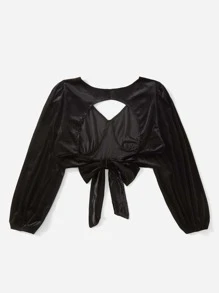 SHEIN Unity Camiseta con abertura con cordón trasero corto de terciopelo - Negro - Ver 2