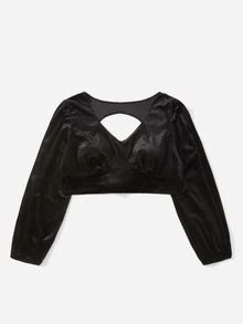 SHEIN Unity Camiseta con abertura con cordón trasero corto de terciopelo - Negro - Ver 4