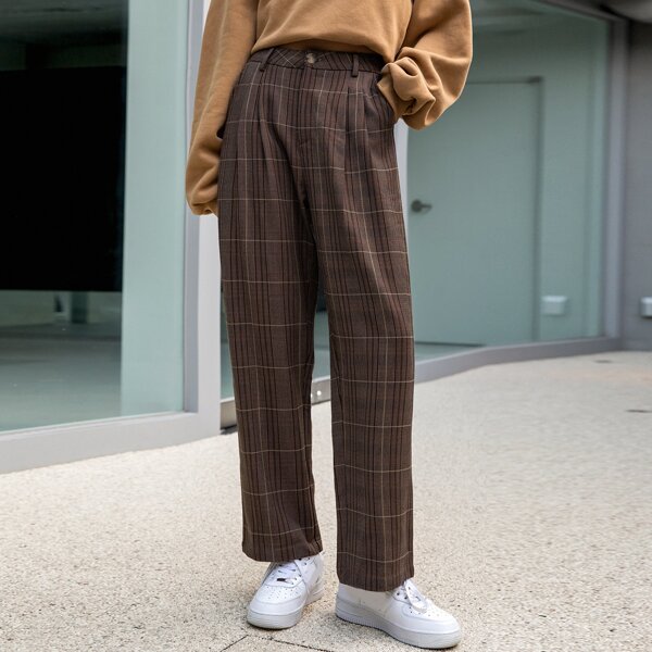 

High Waist Plaid Print Slant Pockets Pants, Coffee brown