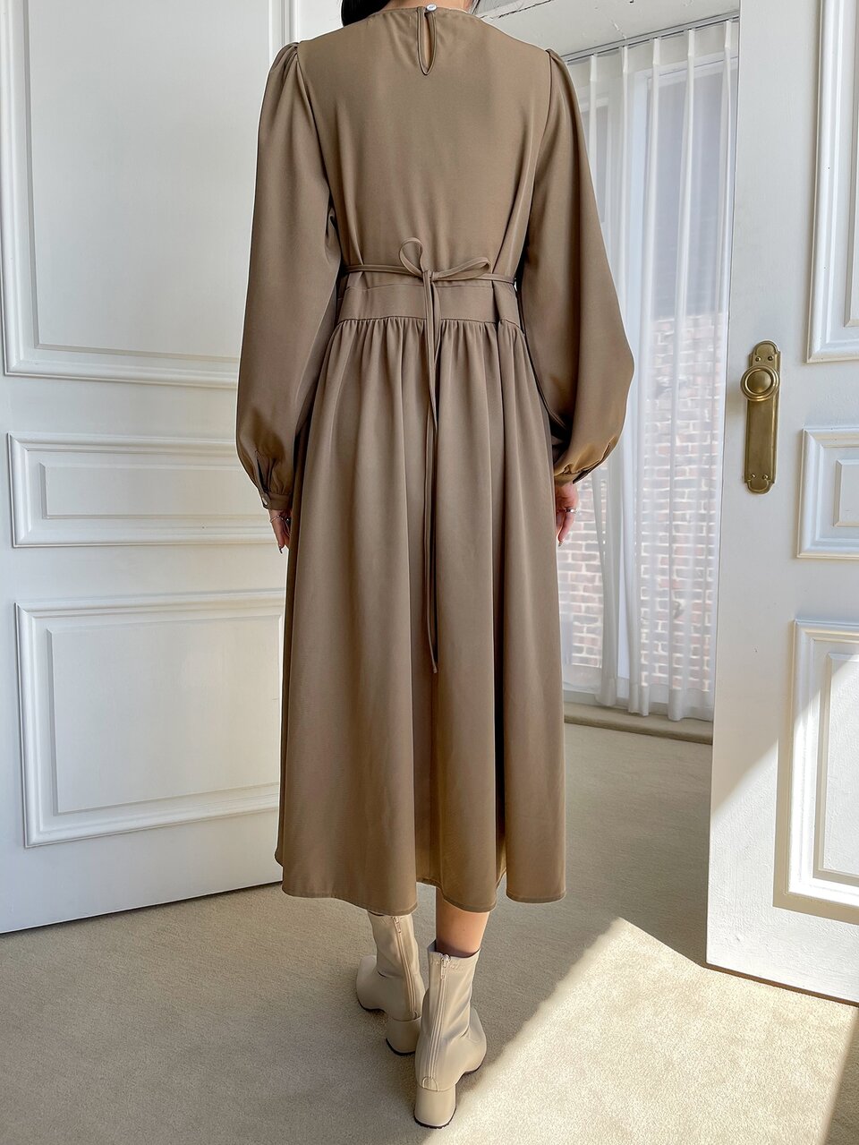 Lantern Sleeve Tie Back Dress