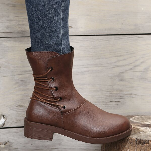 

Lace Up Decor Side Zipper Block Heeled Boots, Coffee brown