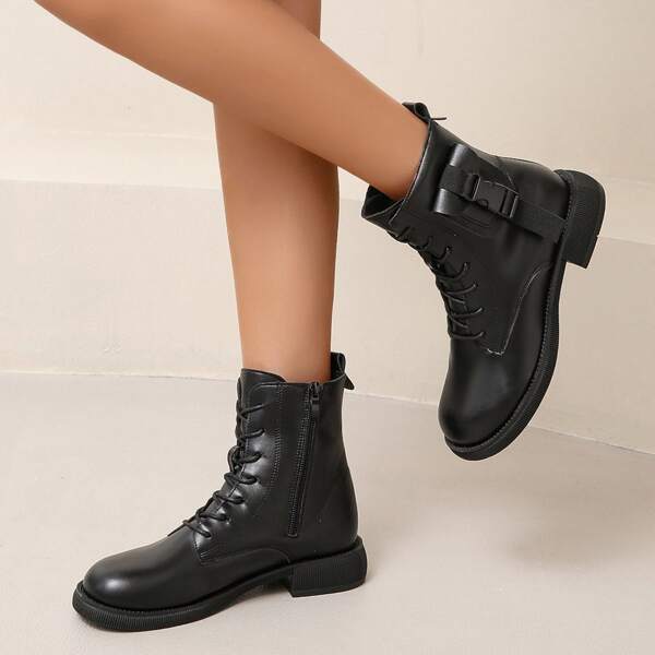 

Pocket Decor Side Zip Combat Boots, Black