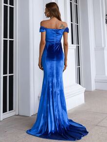 Missord Off Shoulder Sheer Mesh Insert Split Thigh Velvet Prom Dress - Blue - View 2
