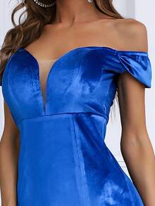 Missord Off Shoulder Sheer Mesh Insert Split Thigh Velvet Prom Dress - Blue - View 3