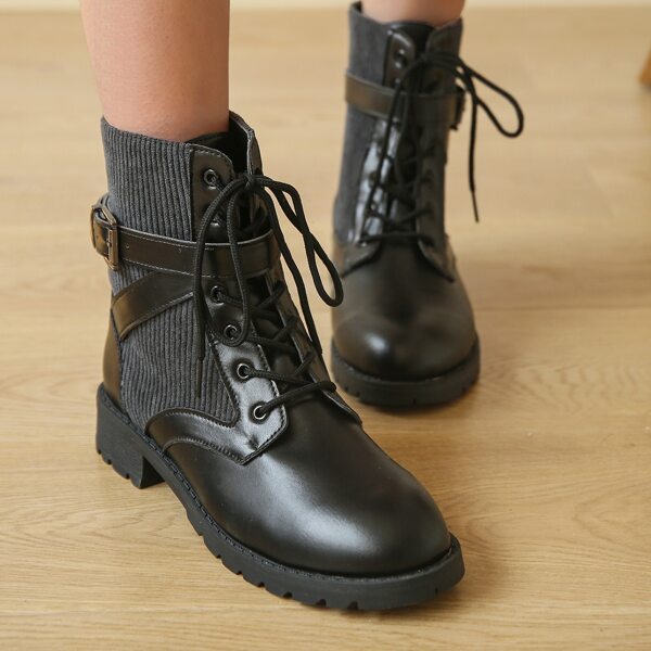 

Textured Buckle Decor Lace-up Front Boots, Black