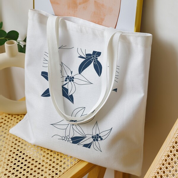 

Flower Graphic Tote Bag, Blue and white