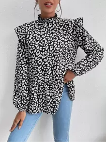 SHEIN LUNE Áo sơ mi nữ Xù Viên lá sen Cổ ruffle Báo Giải trí - Đen và trắng - Xem 1