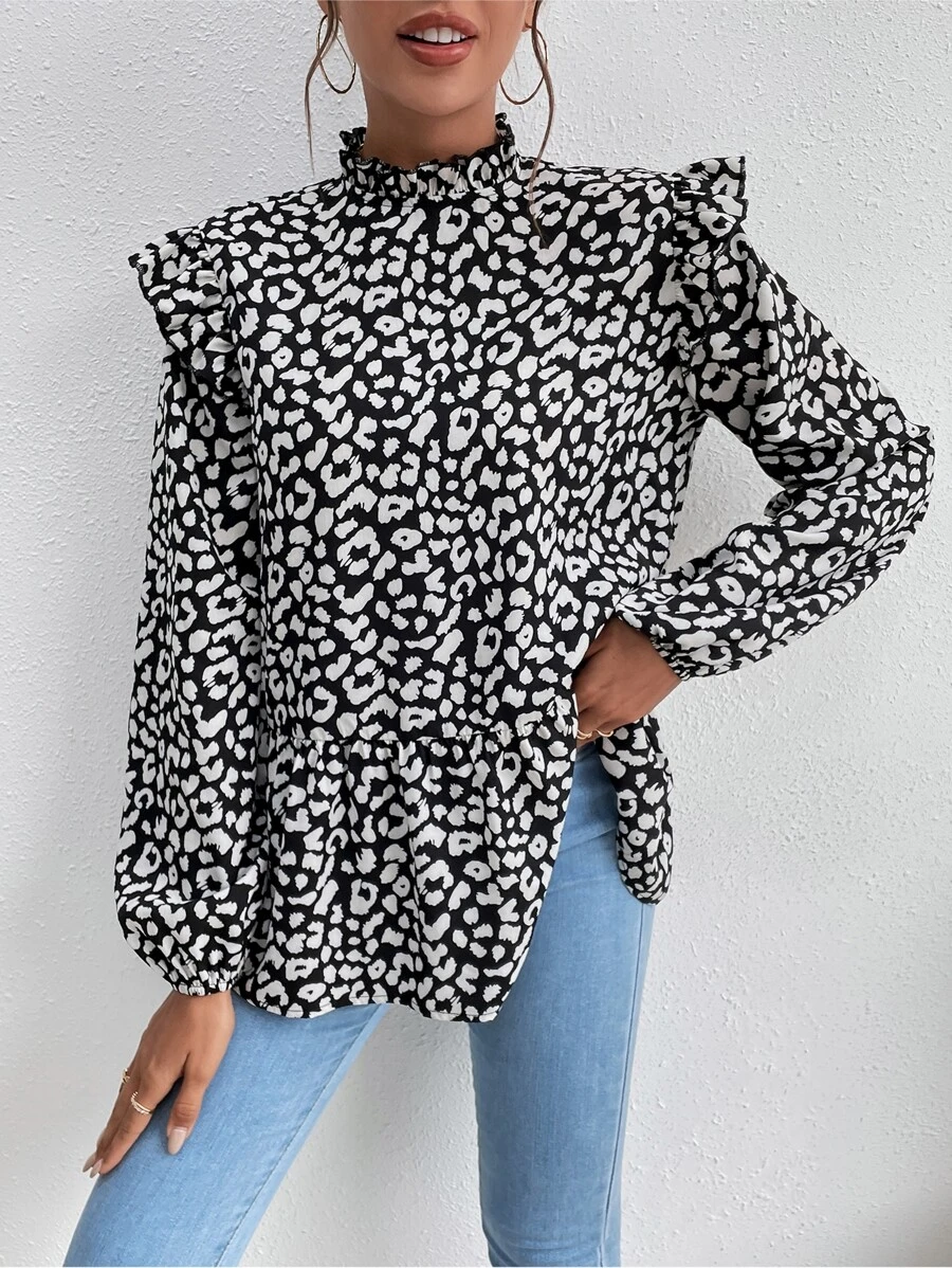 SHEIN LUNE Áo sơ mi nữ Xù Viên lá sen Cổ ruffle Báo Giải trí - Đen và trắng - Xem 1