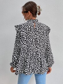 SHEIN LUNE Áo sơ mi nữ Xù Viên lá sen Cổ ruffle Báo Giải trí - Đen và trắng - Xem 2