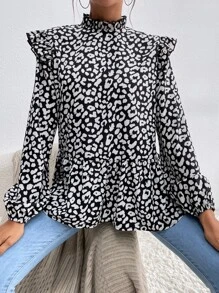 SHEIN LUNE Áo sơ mi nữ Xù Viên lá sen Cổ ruffle Báo Giải trí - Đen và trắng - Xem 3