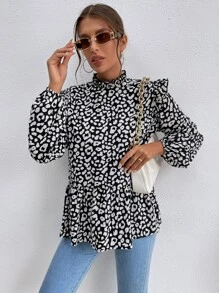 SHEIN LUNE Áo sơ mi nữ Xù Viên lá sen Cổ ruffle Báo Giải trí - Đen và trắng - Xem 4