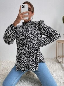 SHEIN LUNE Áo sơ mi nữ Xù Viên lá sen Cổ ruffle Báo Giải trí - Đen và trắng - Xem 5