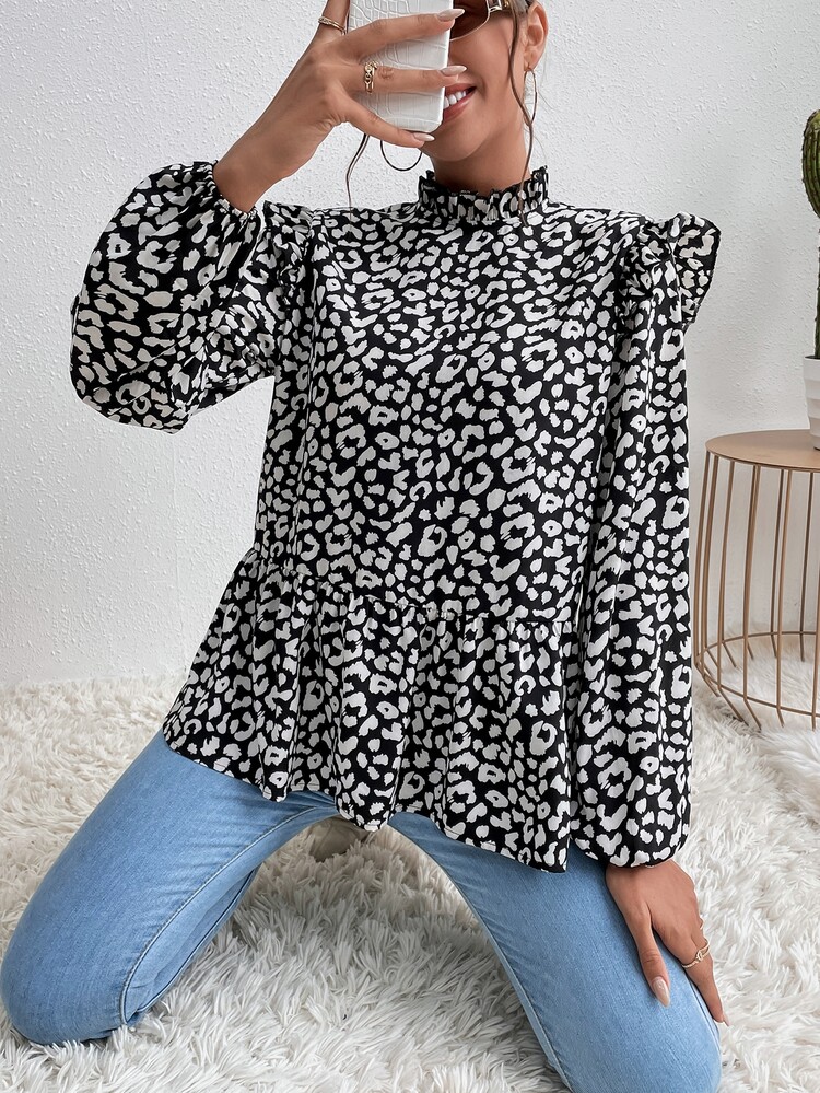 SHEIN LUNE 豹紋燈籠袖荷葉邊襯衫 - 黑與白 - 查看 6
