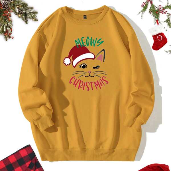 

Plus Christmas And Cat Print Sweatshirt, Mustard yellow