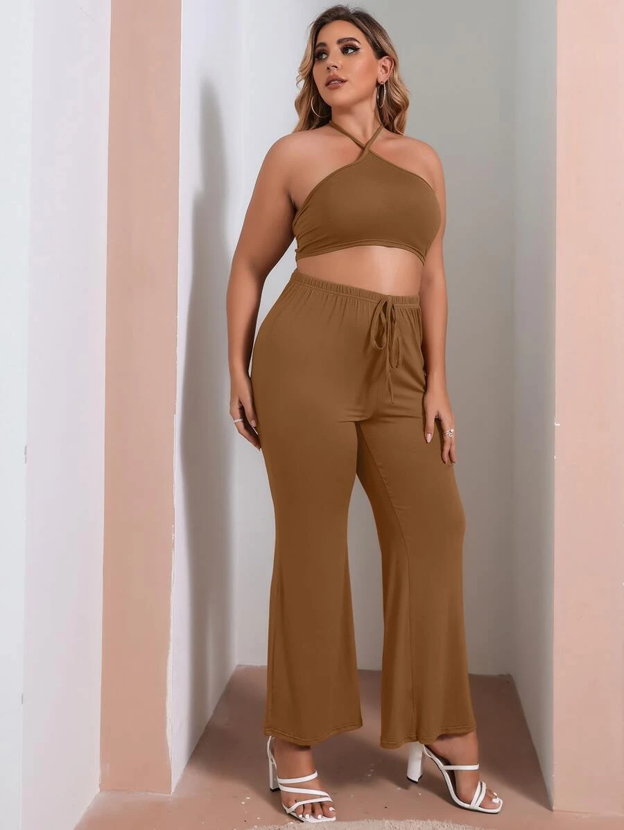 Plus Solid Crop Halter Top & Knotted Front Trousers - Coffee Brown - View 1