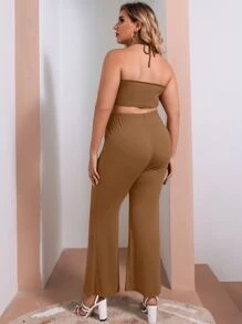 Plus Solid Crop Halter Top & Knotted Front Trousers - Coffee Brown - View 2