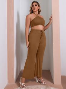 Plus Solid Crop Halter Top & Knotted Front Trousers - Coffee Brown - View 4