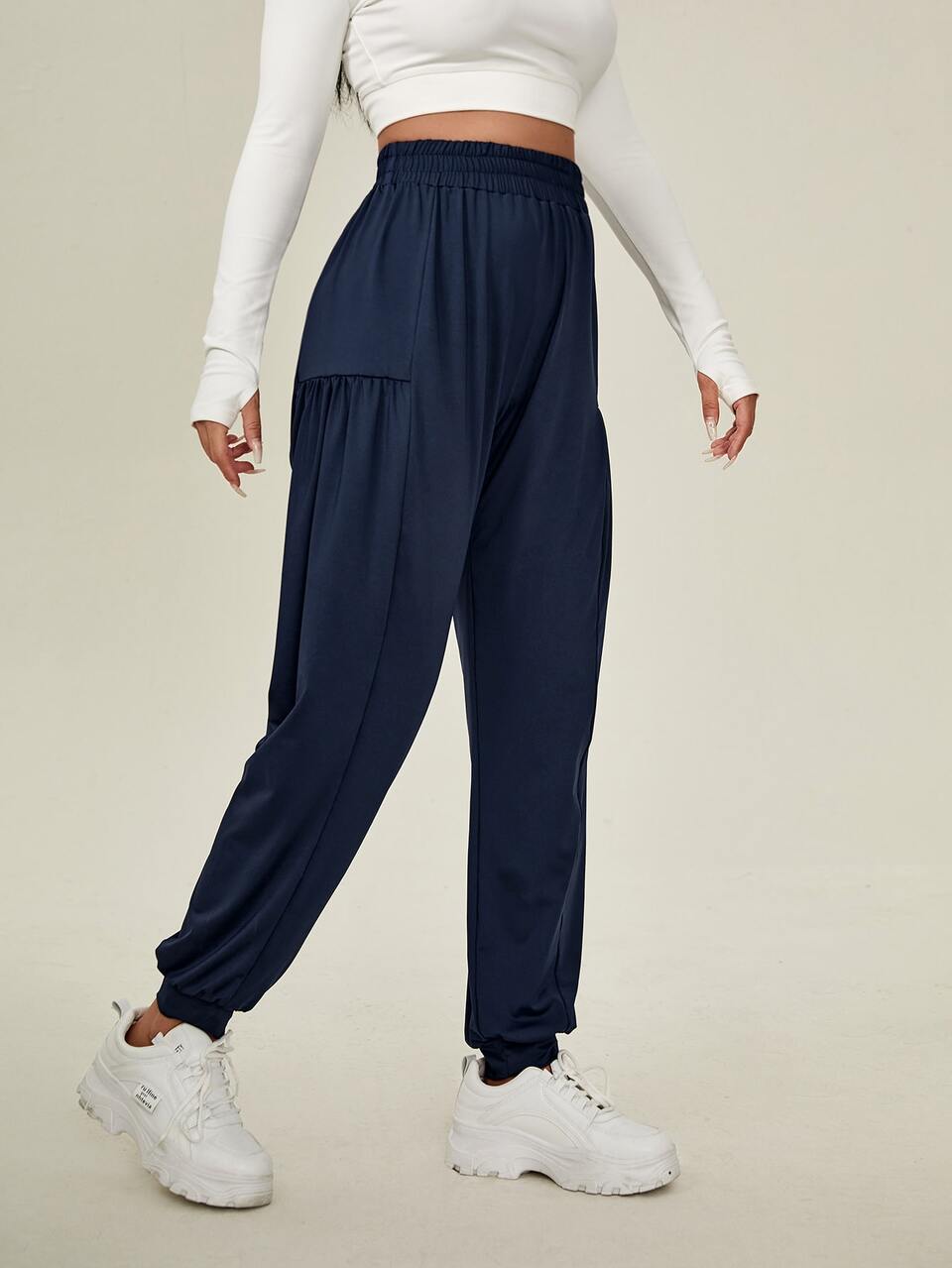 Solid Ruched Side Sports Pants