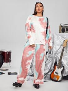 SHEIN Plus Tie Dye Drop Shoulder Tee & Trousers - Multicolor - View 1