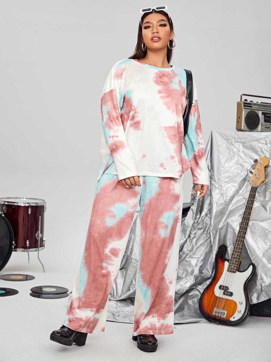 SHEIN Plus Tie Dye Drop Shoulder Tee & Trousers - Multicolor - View 1