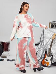 SHEIN Plus Tie Dye Drop Shoulder Tee & Trousers - Multicolor - View 4