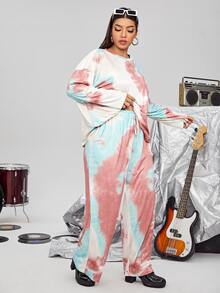 SHEIN Plus Tie Dye Drop Shoulder Tee & Trousers - Multicolor - View 5