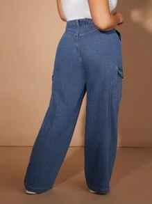 SHEIN EZwear Jeans cargo con bolsillos con solapa - Azul lavado medio - Ver 2