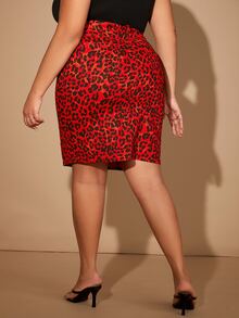 SHEIN SXY 大碼豹紋印花下擺開叉牛仔半身裙 - 彩色 - 查看 2