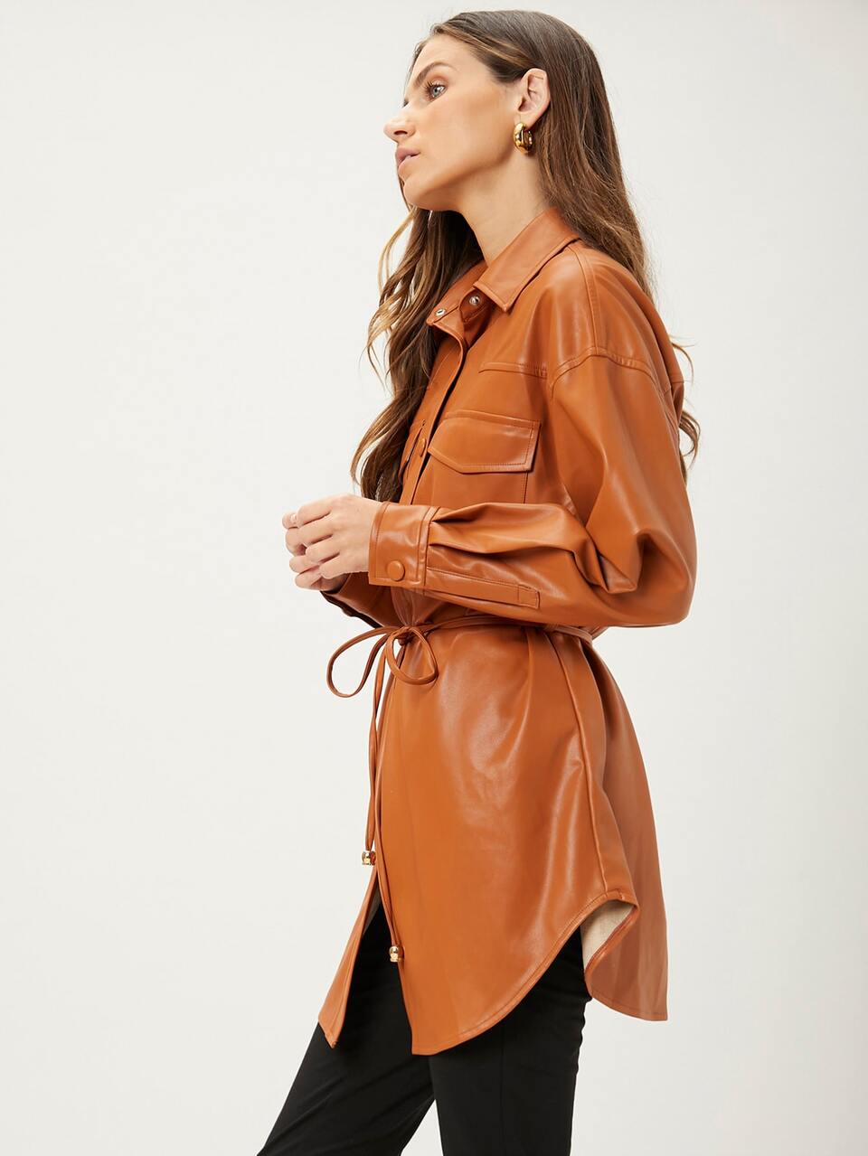 MOTF PU LEATHER RELAXED FIT BELTED COAT