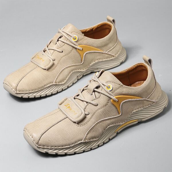 

Men Stitch Detail Lace-up Front Sneakers, Beige