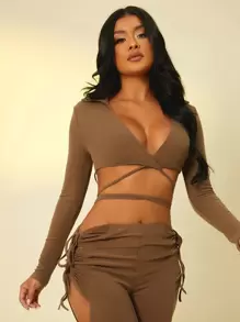 SHEIN SXY Cross Wrap Tie Back Crop Top - Brown - View 1