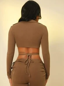 SHEIN SXY Cross Wrap Tie Back Crop Top - Brown - View 2