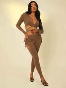 SHEIN SXY Cross Wrap Tie Back Crop Top - Brown - View 3