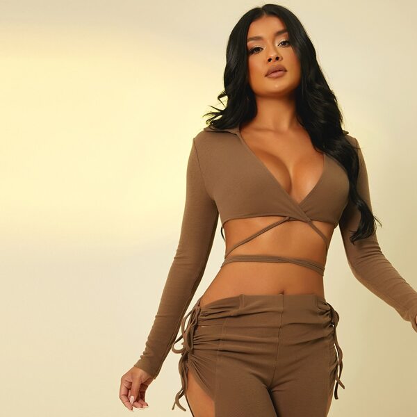 

Cross Wrap Tie Back Crop Top, Brown