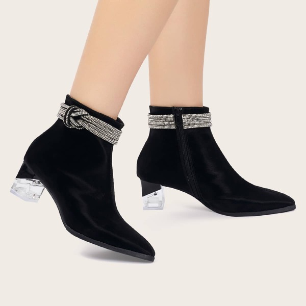 

Rhinestone Decor Side Zipper Chunky Heeled Boots, Black