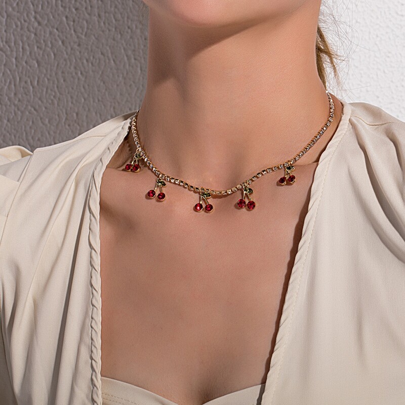 

Rhinestone Cherry Necklace, Gold