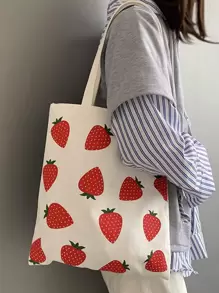 Bolso tote con estampado de fresa de lona - Beis - Ver 2