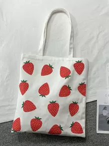 Bolso tote con estampado de fresa de lona - Beis - Ver 4