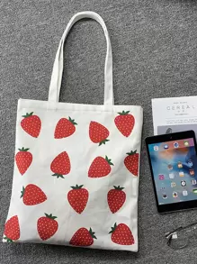 Bolso tote con estampado de fresa de lona - Beis - Ver 5