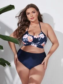 SHEIN Swim Curve Plus Size Floral Print Wrap Bikini Set Summer Beach - Navy Blue - View 1