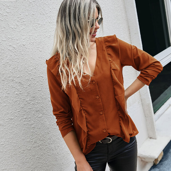 

Ruffle Trim Button Front Blouse, Redwood