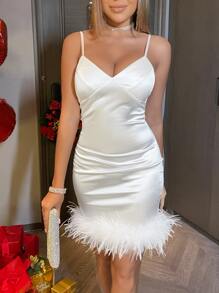 Vestido ajustado de peluche bajo de satén - Blanco - Ver 5